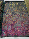 Iridescent Rainbow Sequin Fabric On Black Mesh 4 Way Stretch Damask Design By The Yard