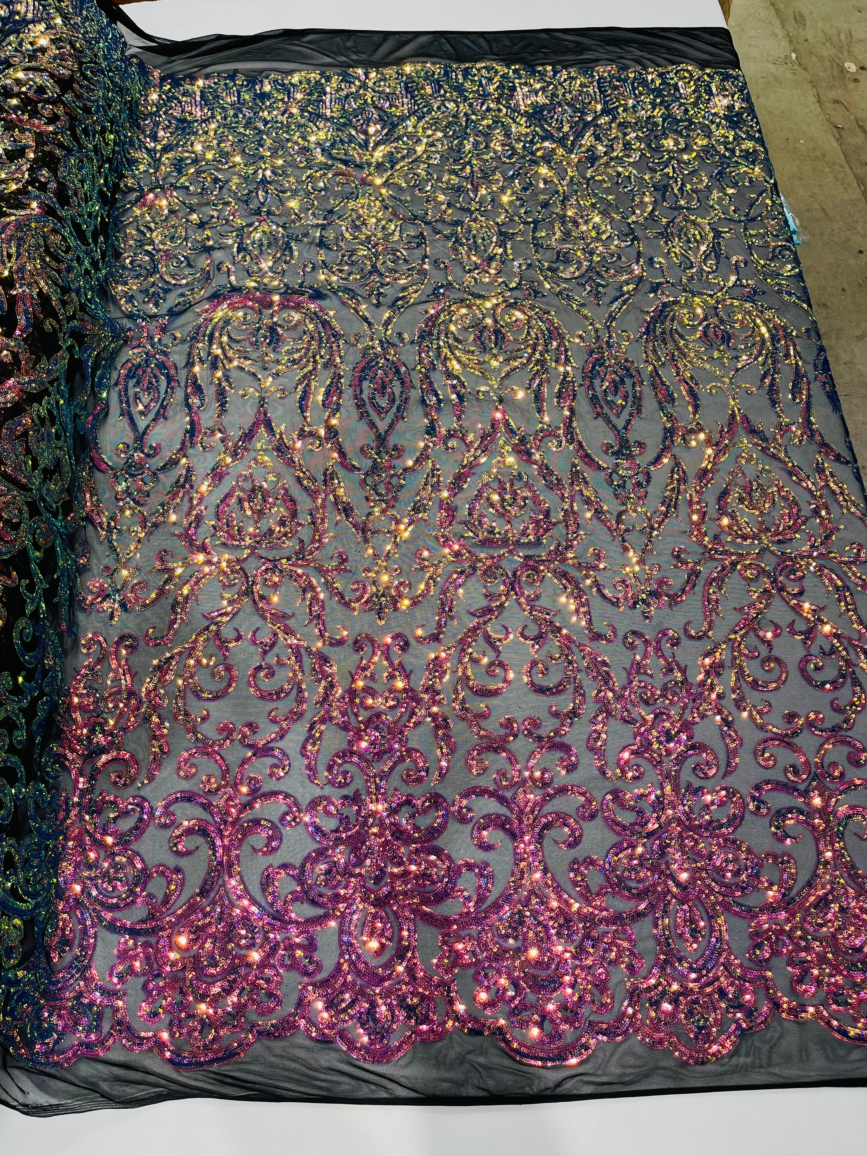 Iridescent Rainbow Sequin Fabric On Black Mesh 4 Way Stretch Damask Design By The Yard