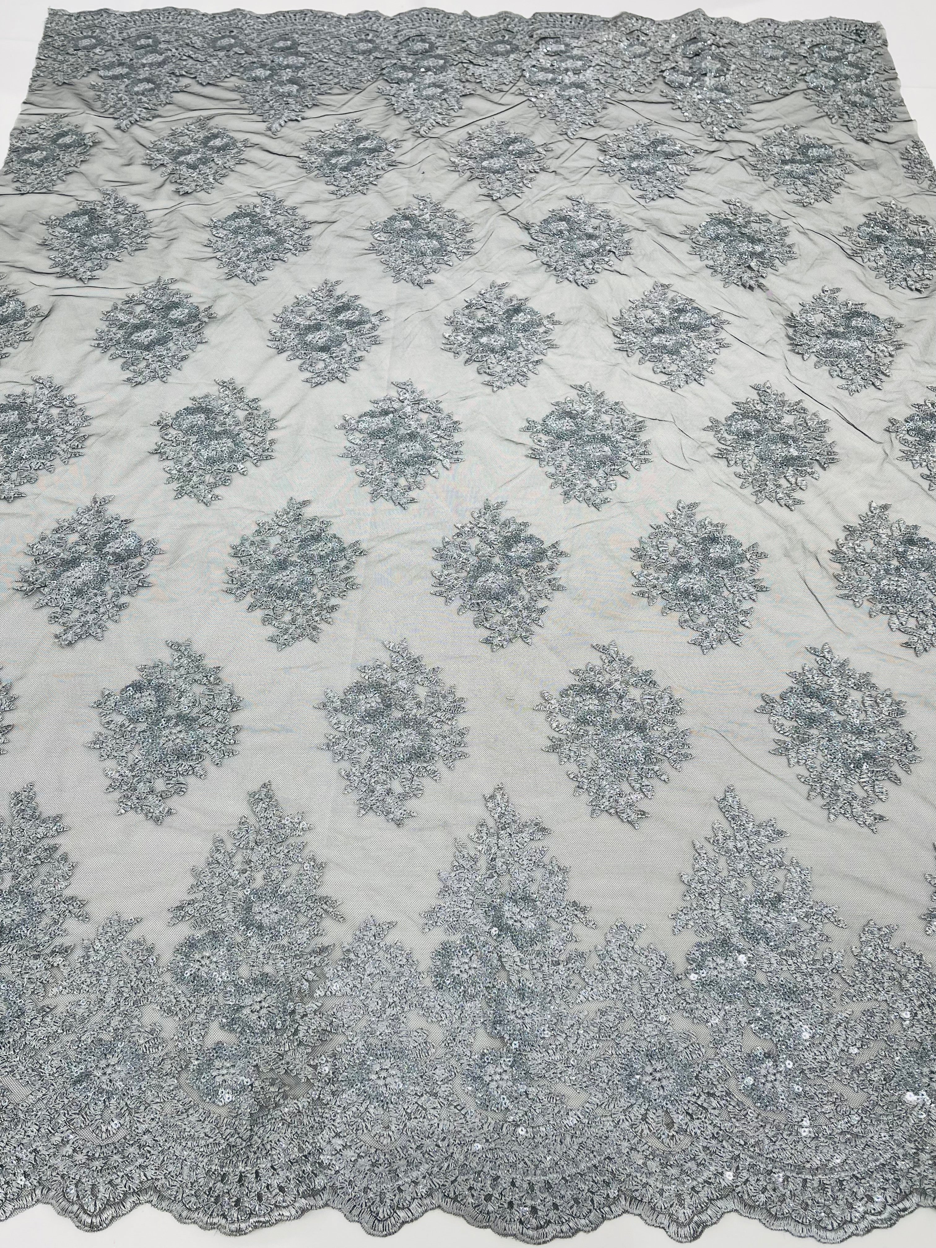 Floral Lace Fabric - Gray on Black Mesh - Flower Cluster Embroidery Design With Sequins on a Mesh