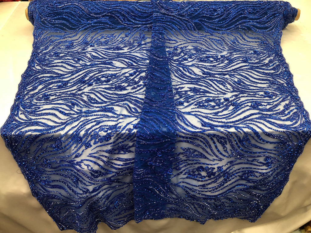 Beaded Lace Fabric - Royal Blue -  Embroidery on Mesh For Bridal Wedding Fancy Dress By The Yard