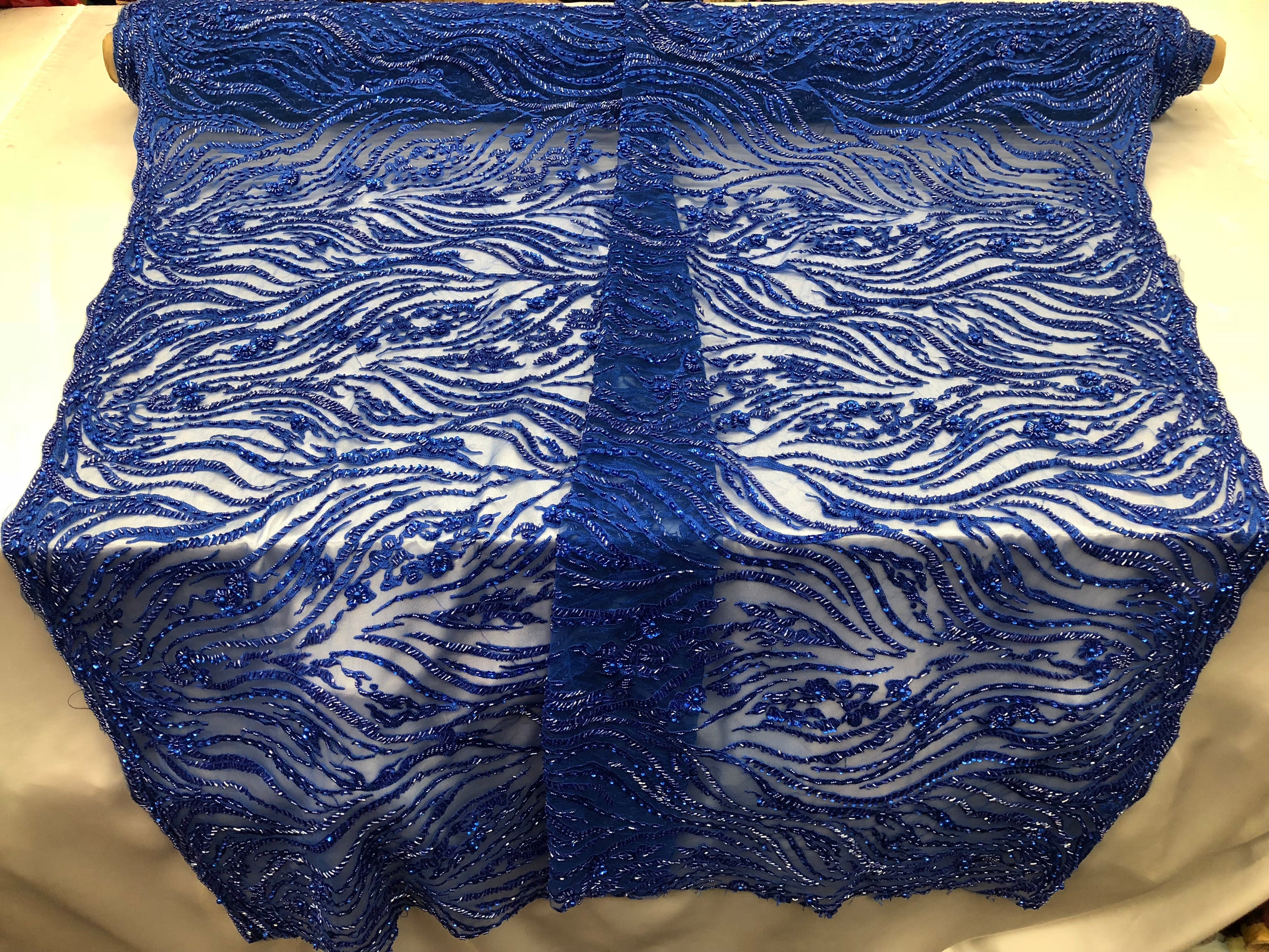 Beaded Lace Fabric - Royal Blue -  Embroidery on Mesh For Bridal Wedding Fancy Dress By The Yard