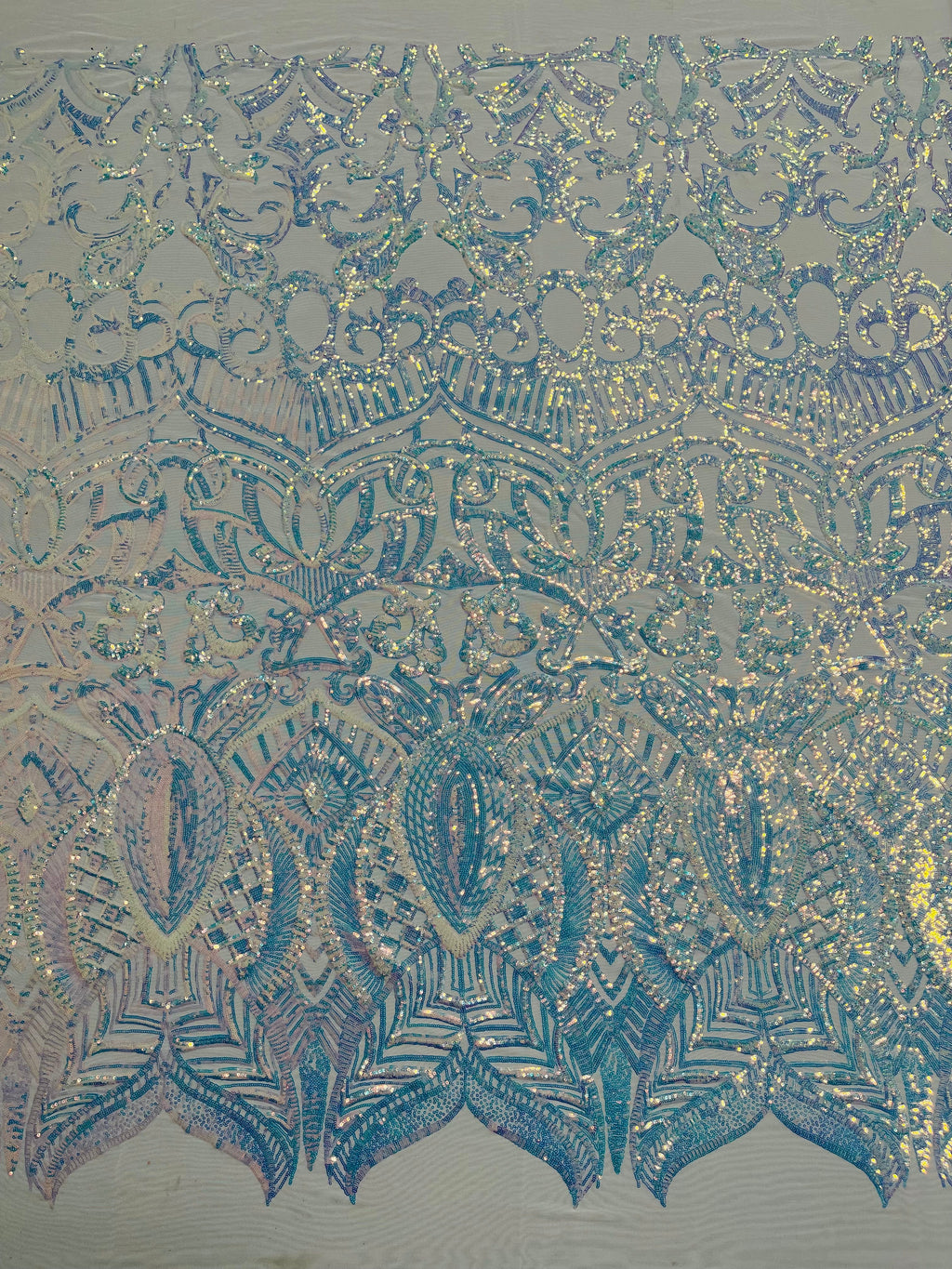 Clear Iridescent Sequin Fabric - 4 Way Stretch Embroidered Royalty Sequins Design Fabric By Yard