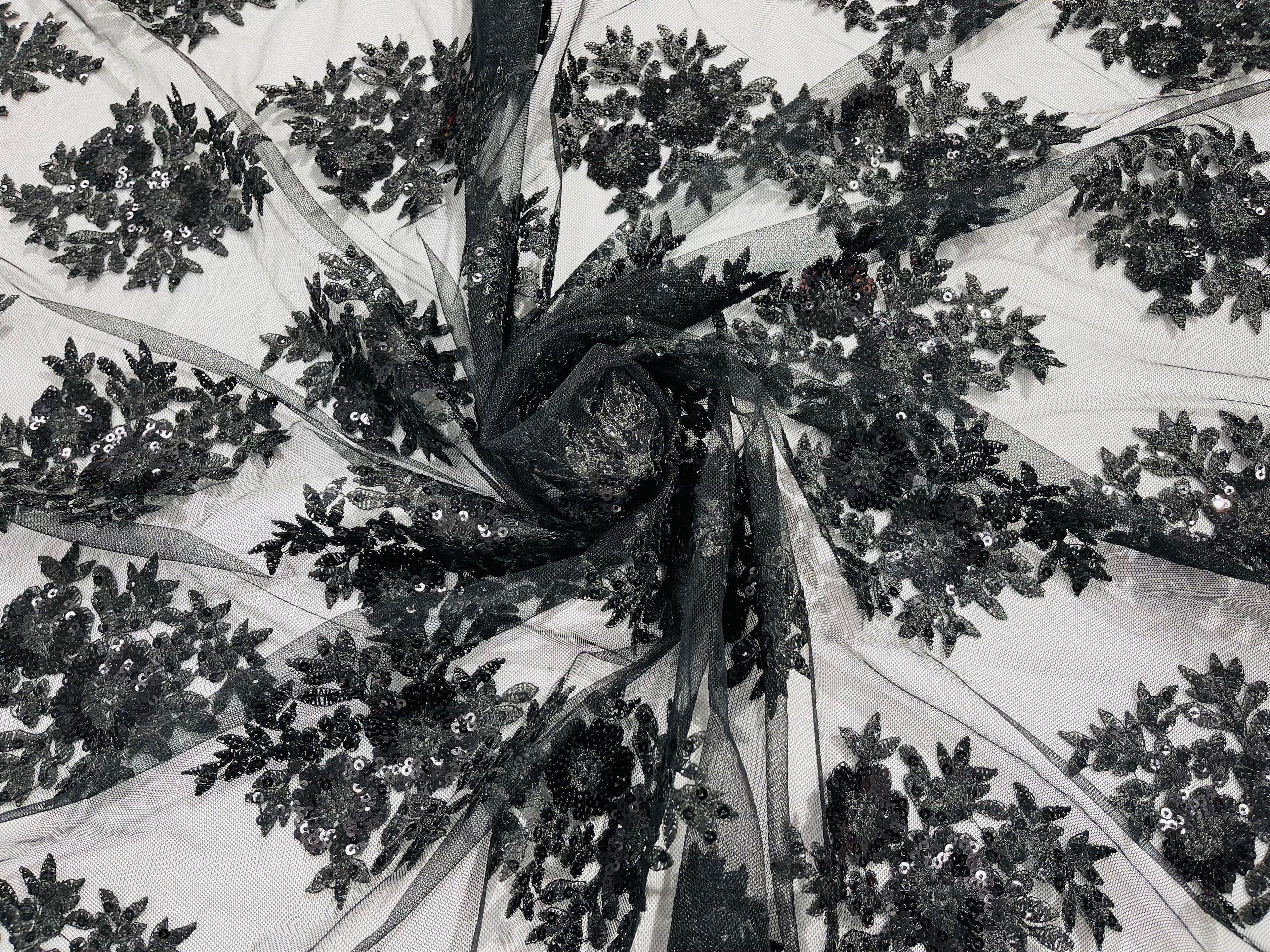 Floral Lace Fabric - Black - Flower Cluster Embroidery Design With Sequins on a Mesh