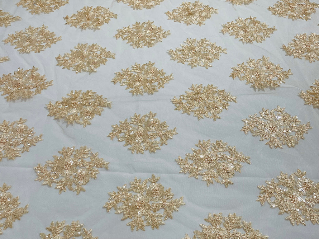 Floral Lace Fabric - Peach - Flower Cluster Embroidery Design With Sequins on a Mesh