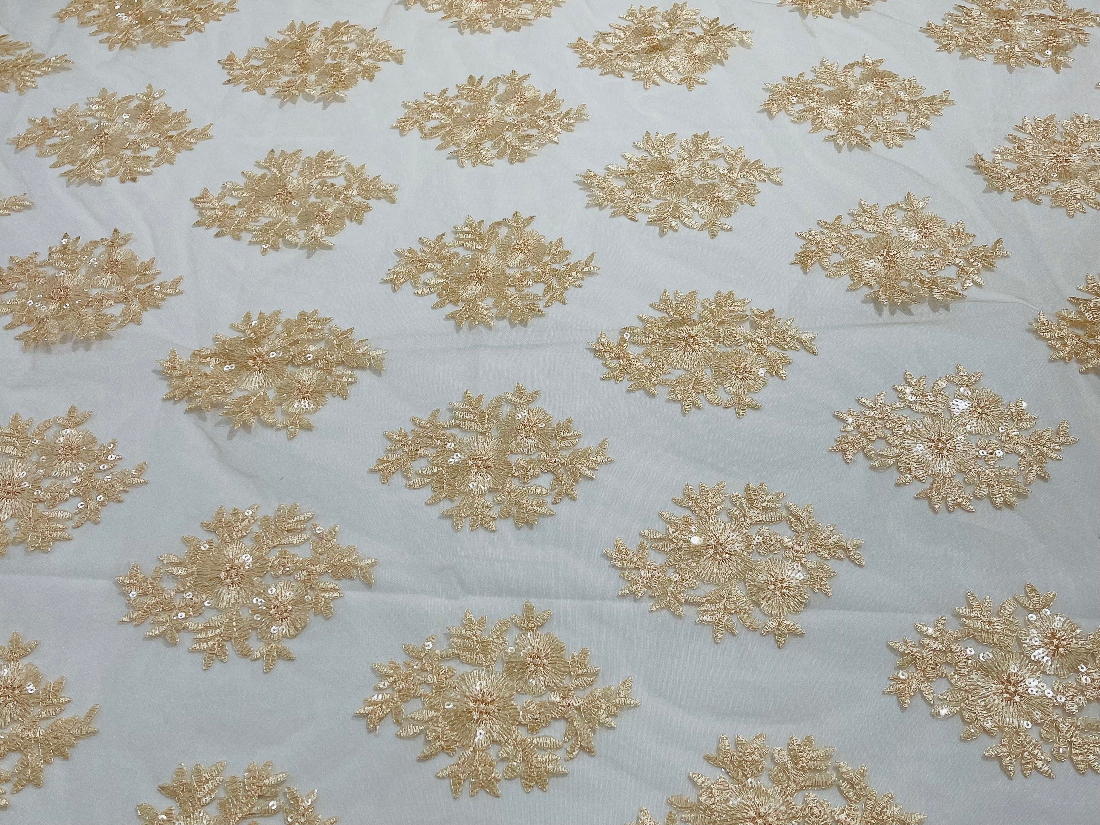Floral Lace Fabric - Peach - Flower Cluster Embroidery Design With Sequins on a Mesh