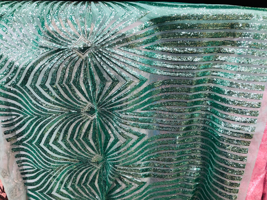 Mint Sequin Fabric By The Yard - Geometric Damask Designs Spandex