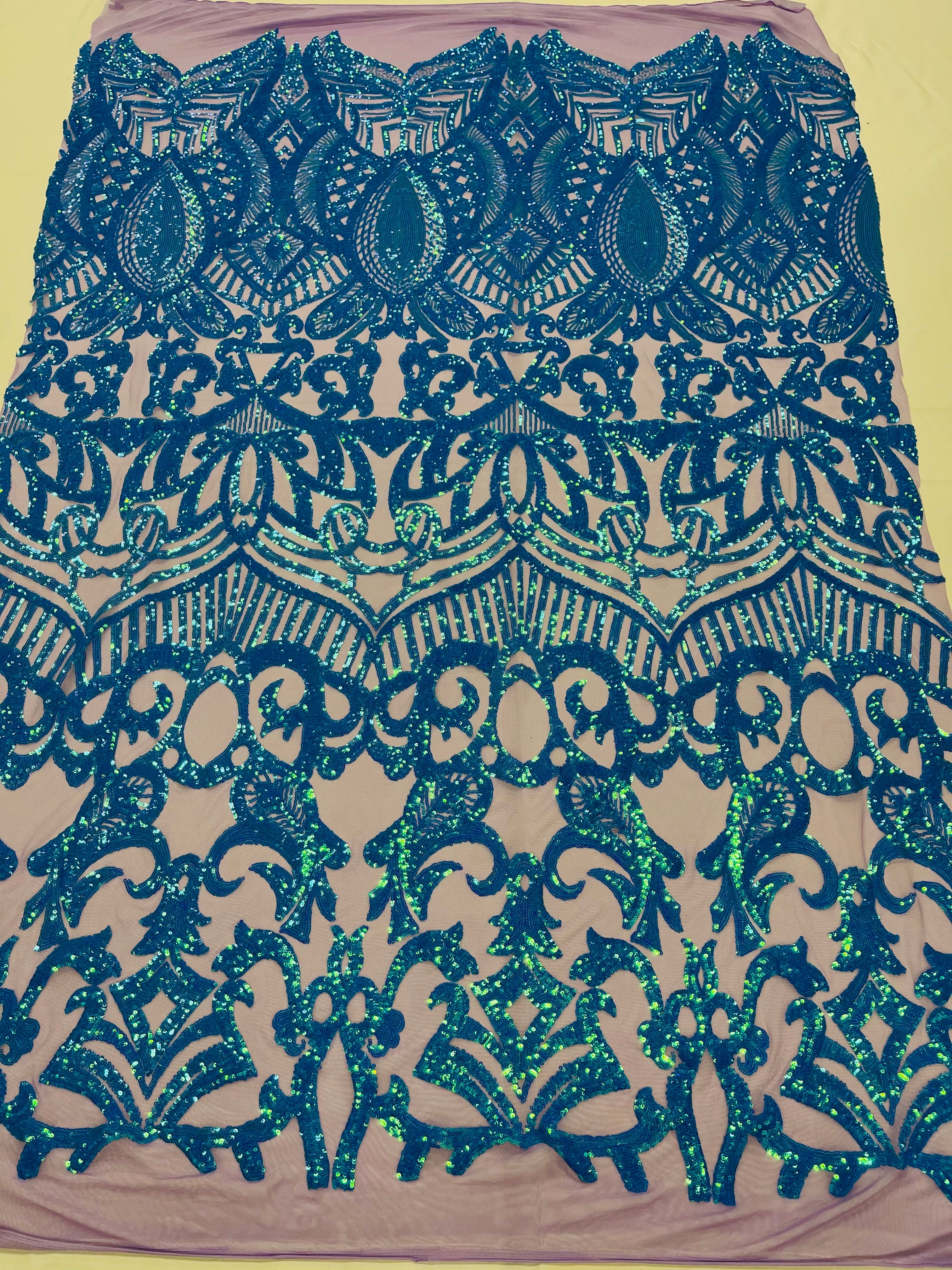 Iridescent Turquoise - 4 Way Stretch Embroidered Royalty Sequins Design Fabric By Yard