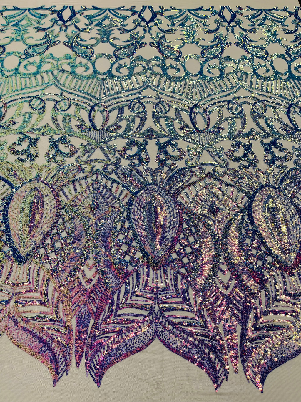 Lavender Iridescent - 4 Way Stretch Embroidered Royalty Sequins Design Fabric By Yard