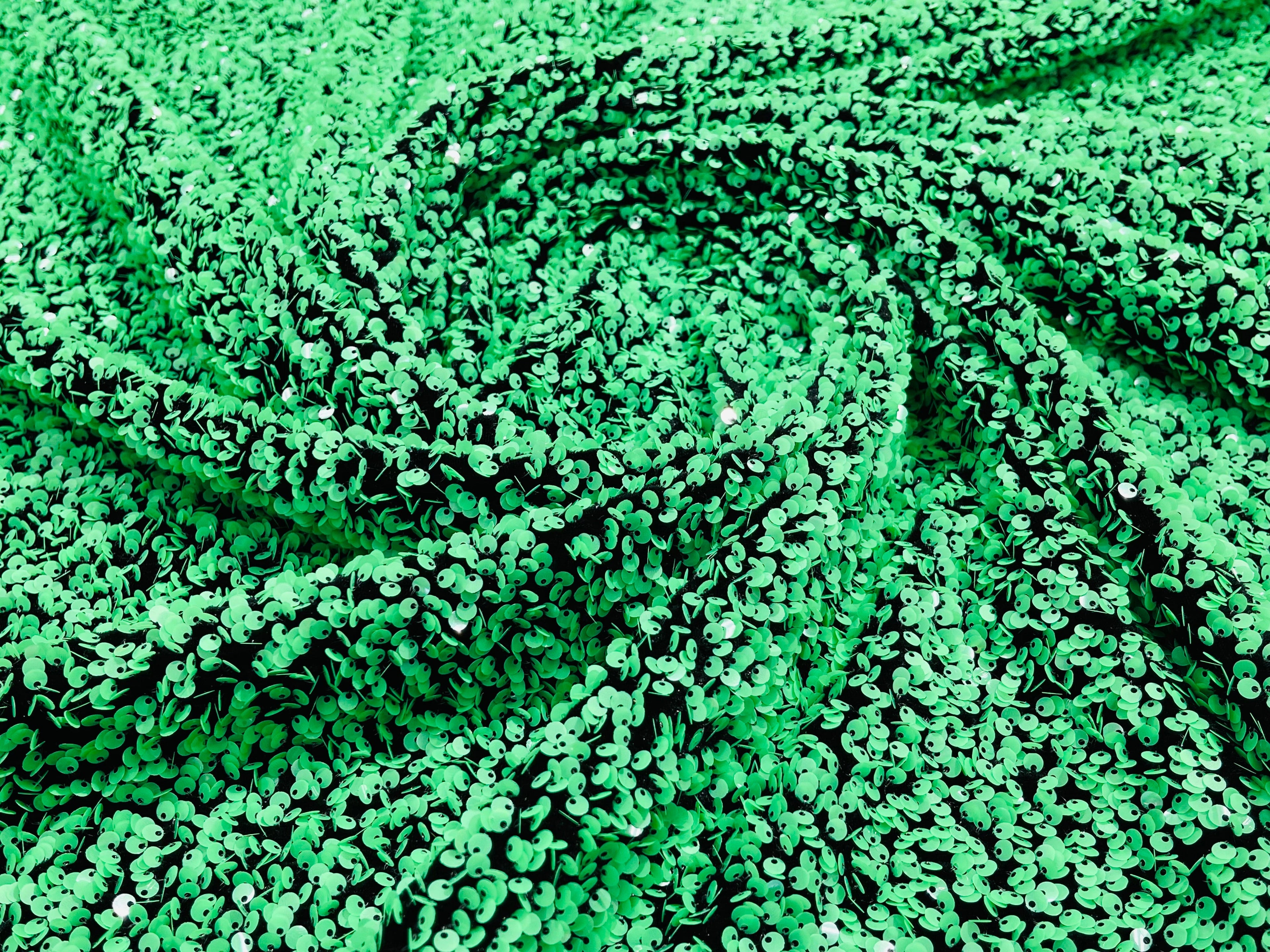 Green Sequin Fabric on Black Stretch Velvet - by the yard - Sequins 2 Way Stretch  58/60”