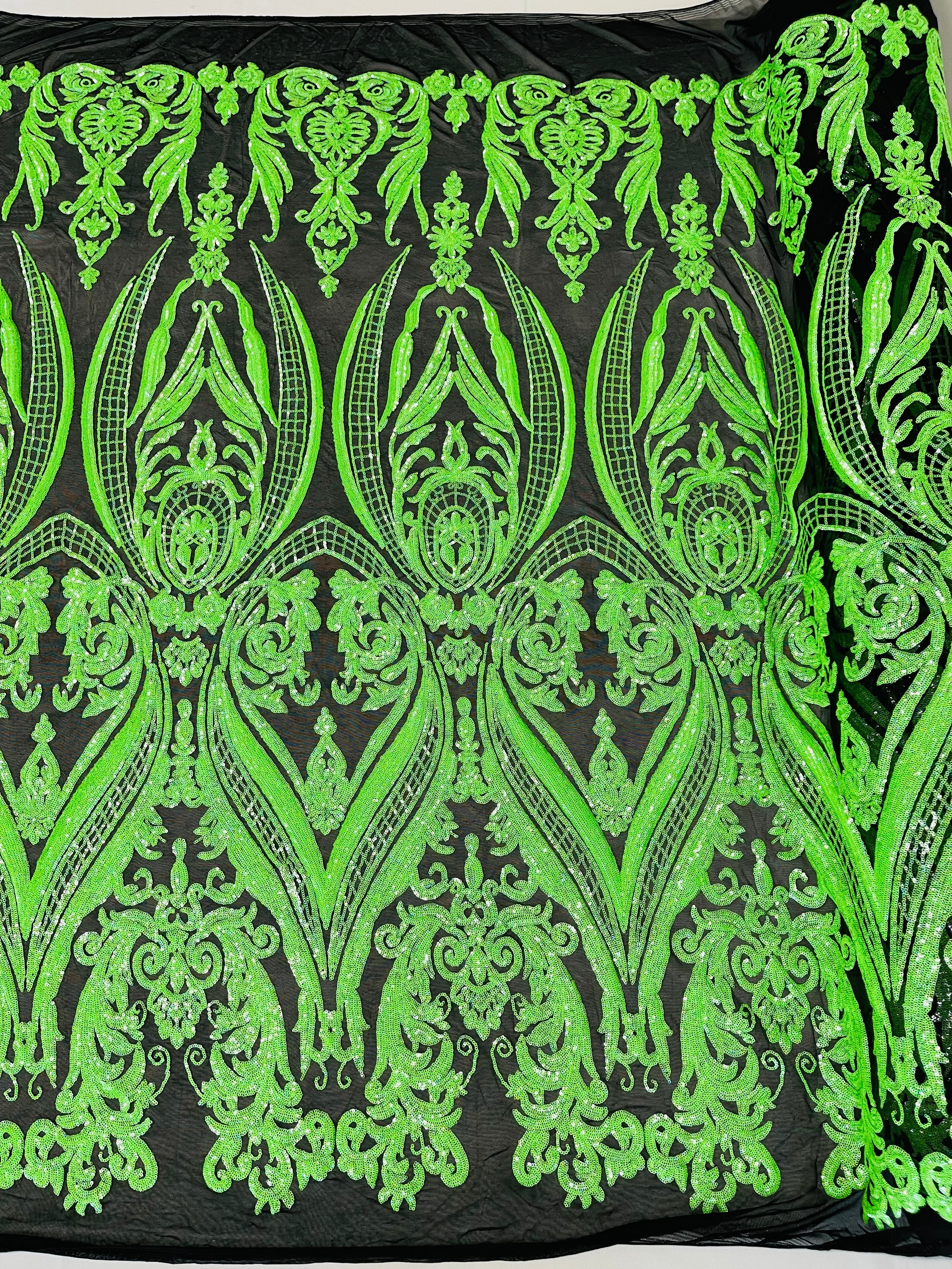 Big Damask Sequins Fabric - Neon Green / Black - 4 Way Stretch Damask Sequins Design Fabric By Yard