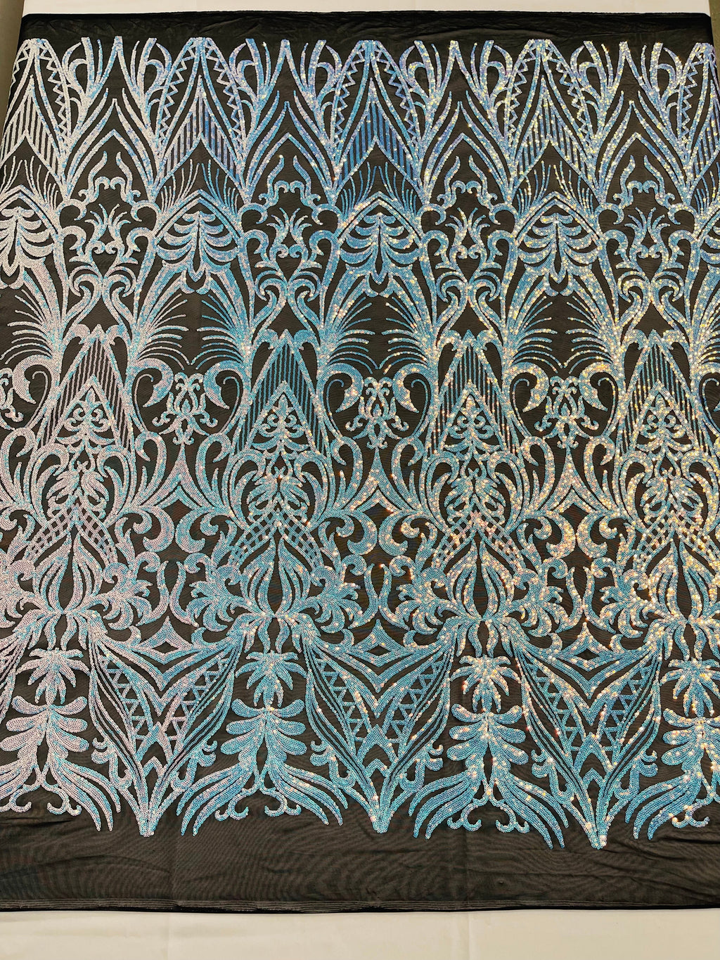 Aqua/Blue Iridescent Sequin Fabric - by the yard - On Mesh 4 Way Stretch, Damask Design Sequins