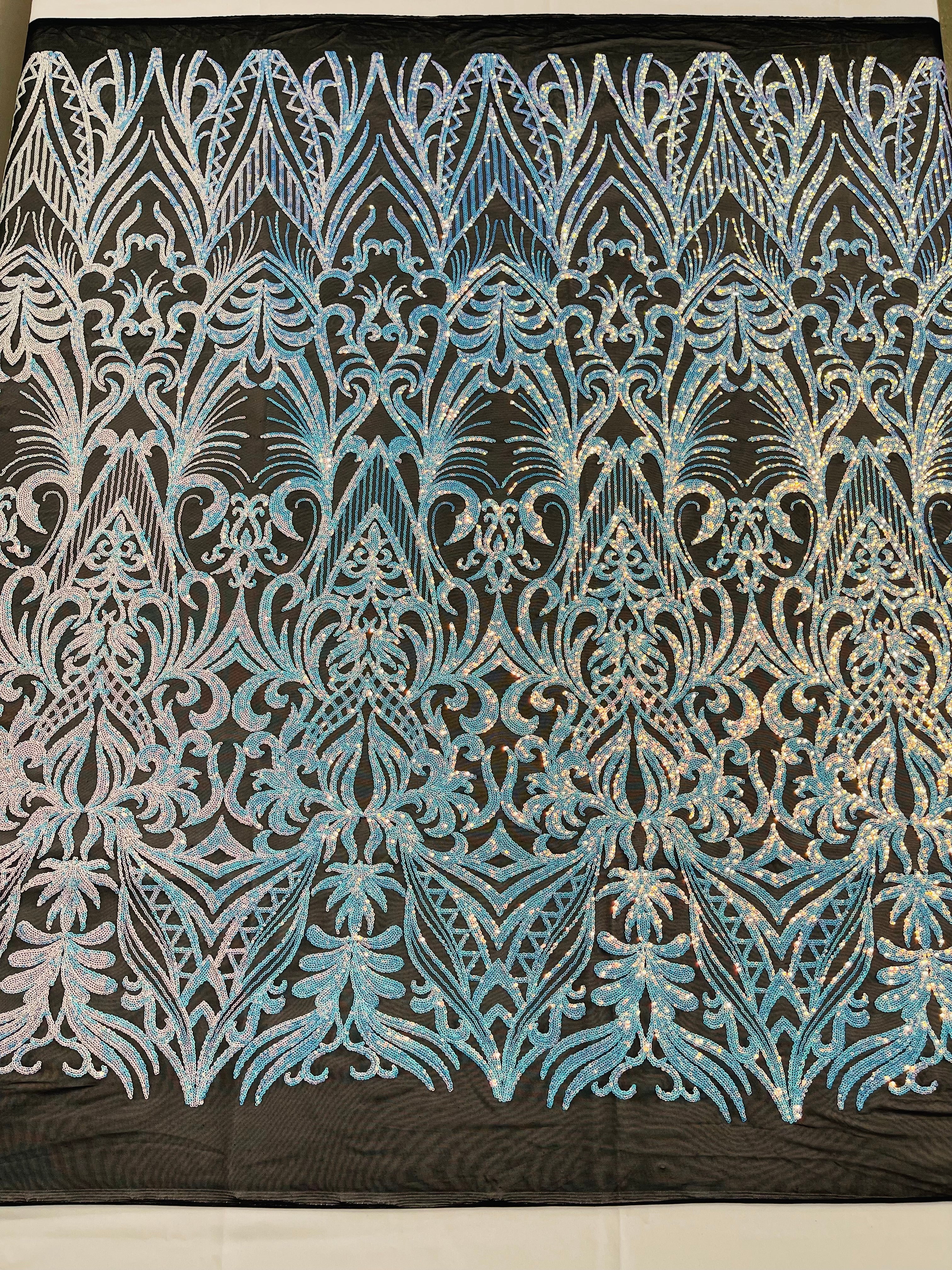 Aqua/Blue Iridescent Sequin Fabric - by the yard - On Mesh 4 Way Stretch, Damask Design Sequins
