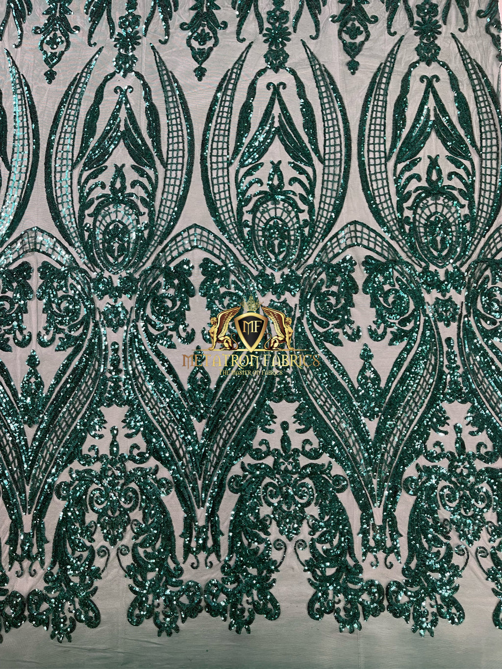 Big Damask Sequins Fabric - Teal Green  - 4 Way Stretch Damask Sequins Design Fabric By Yard