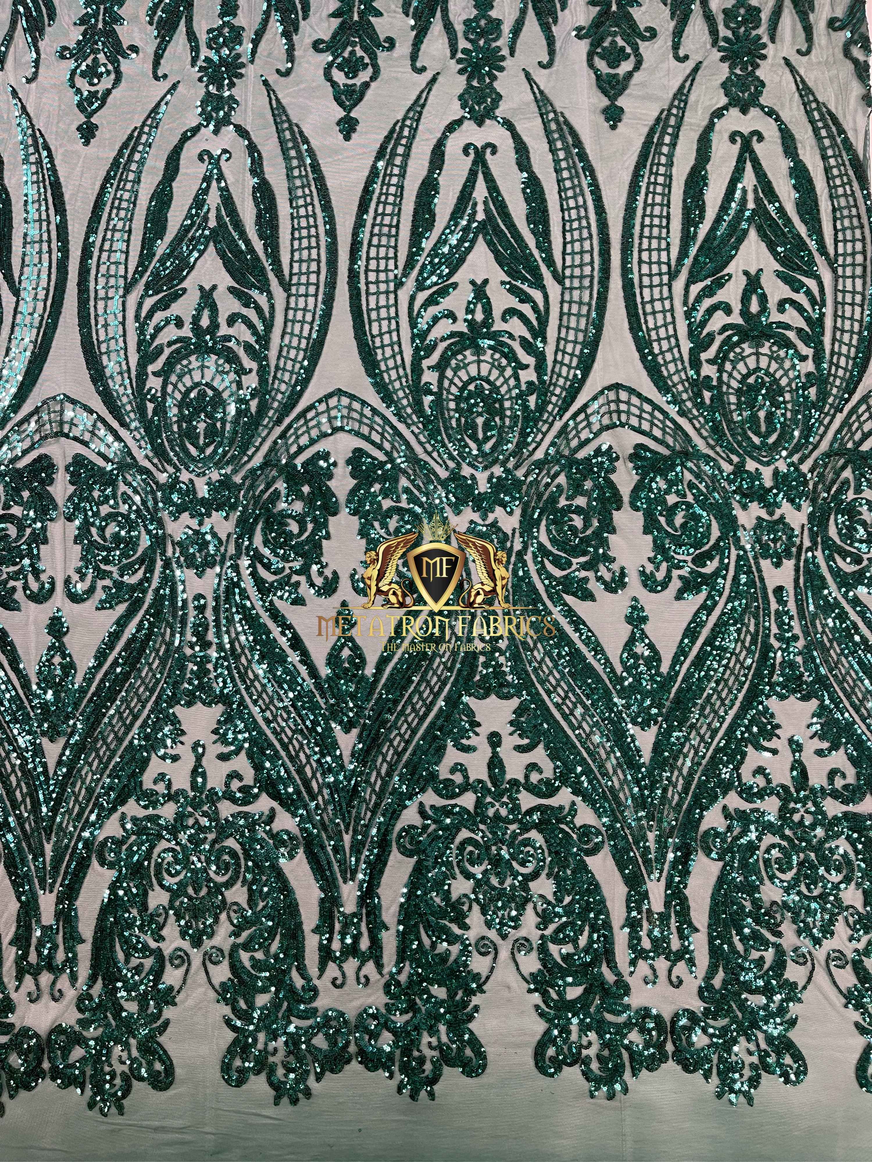Big Damask Sequins Fabric - Teal Green  - 4 Way Stretch Damask Sequins Design Fabric By Yard