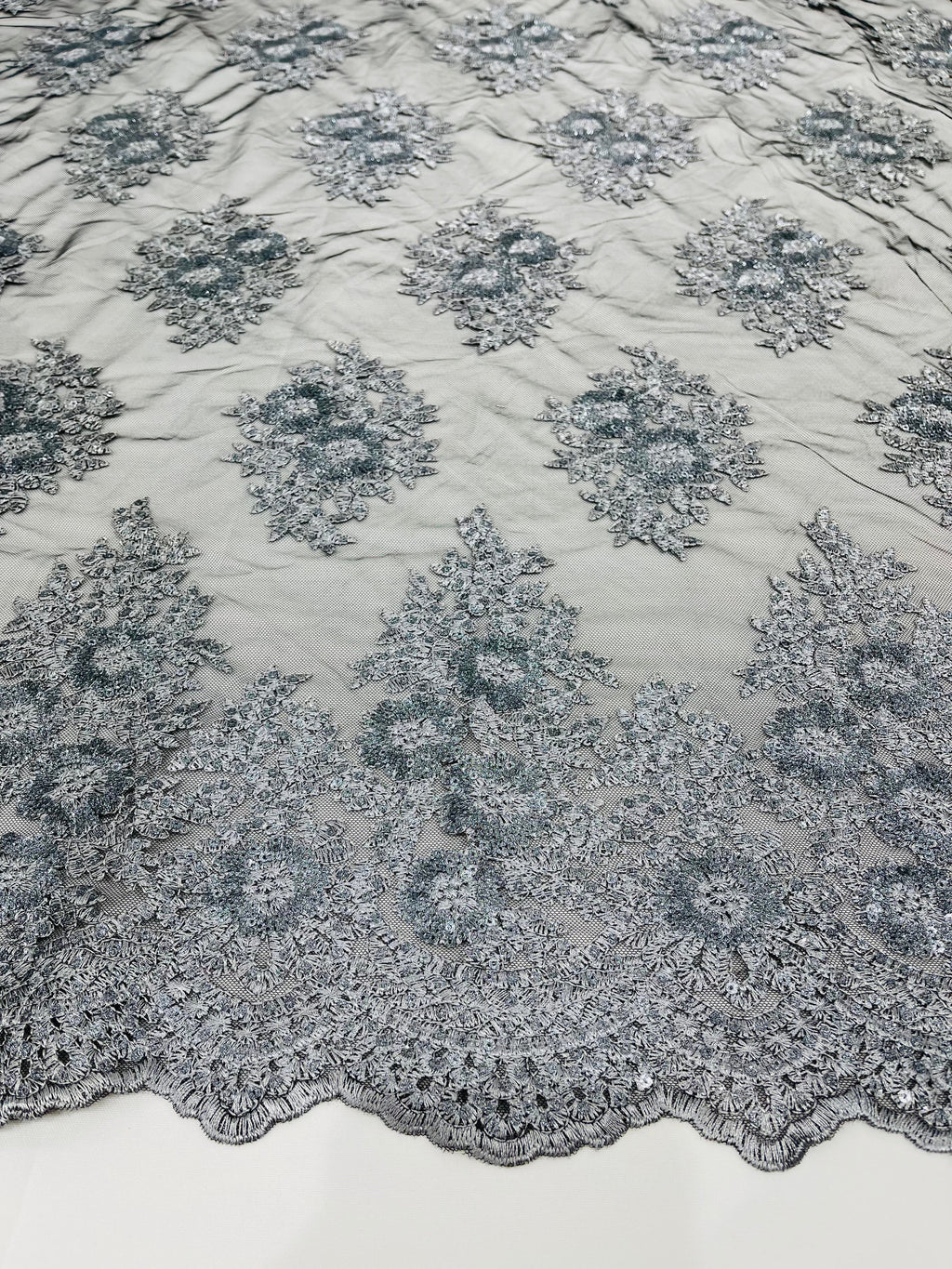 Floral Lace Fabric - Gray on Black Mesh - Flower Cluster Embroidery Design With Sequins on a Mesh