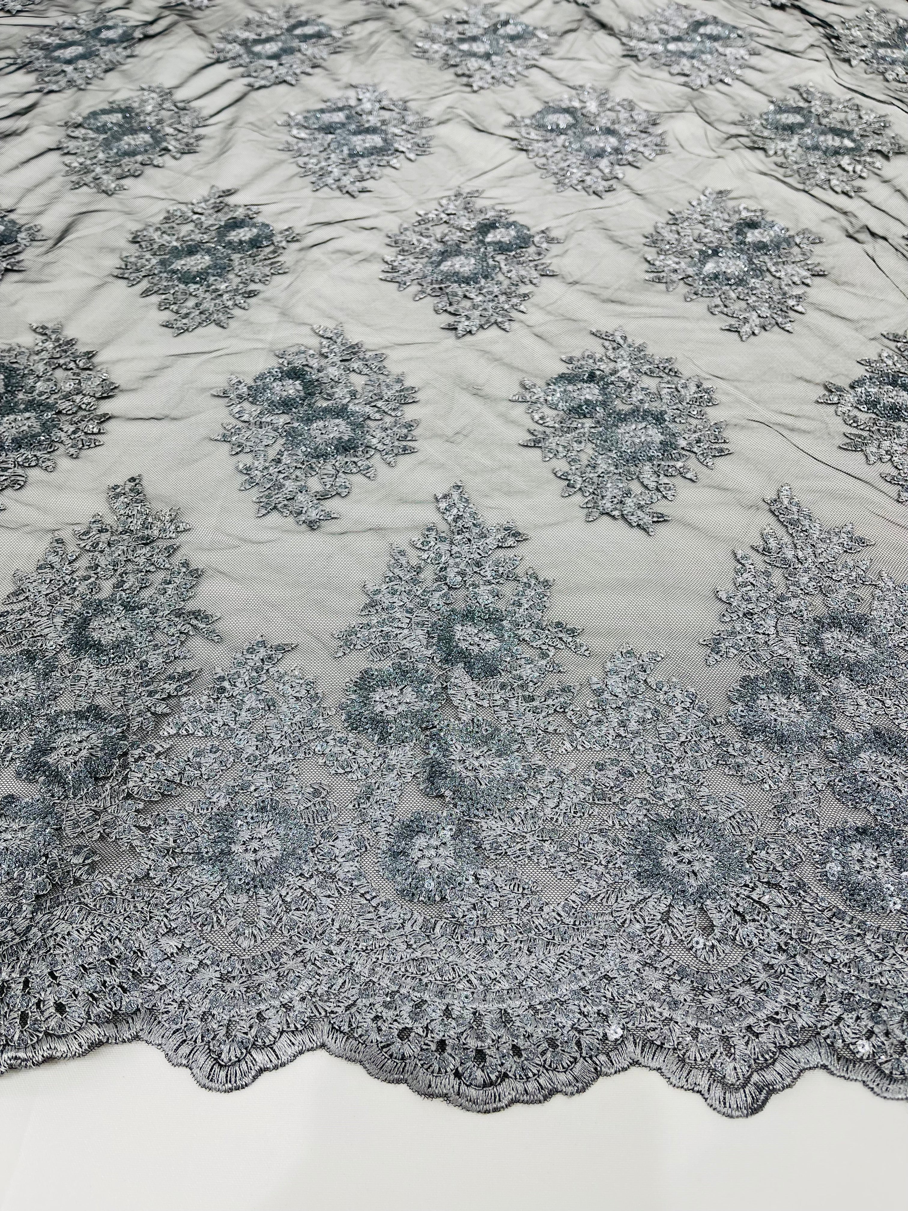 Floral Lace Fabric - Gray on Black Mesh - Flower Cluster Embroidery Design With Sequins on a Mesh