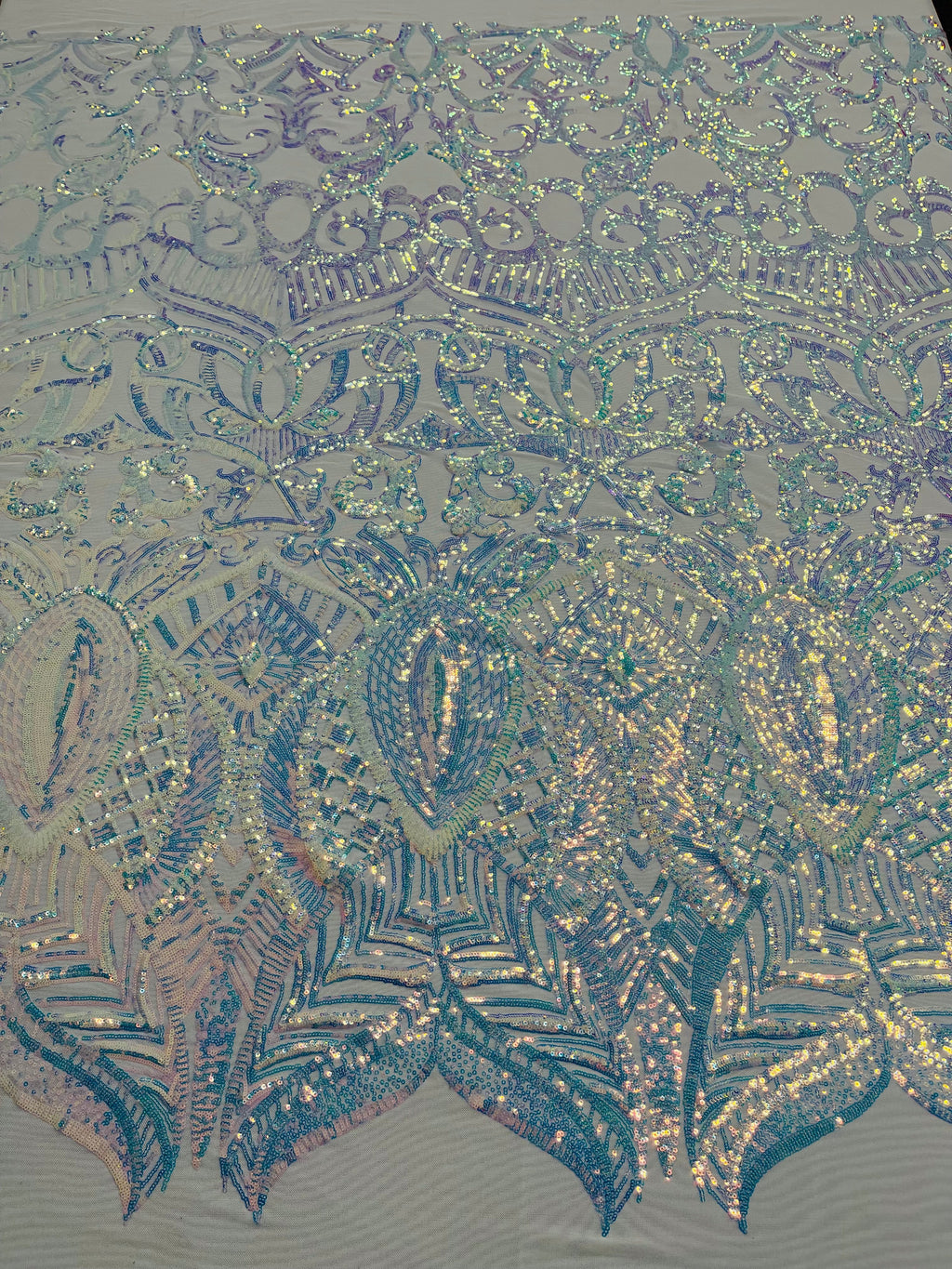 Clear Iridescent Sequin Fabric - 4 Way Stretch Embroidered Royalty Sequins Design Fabric By Yard