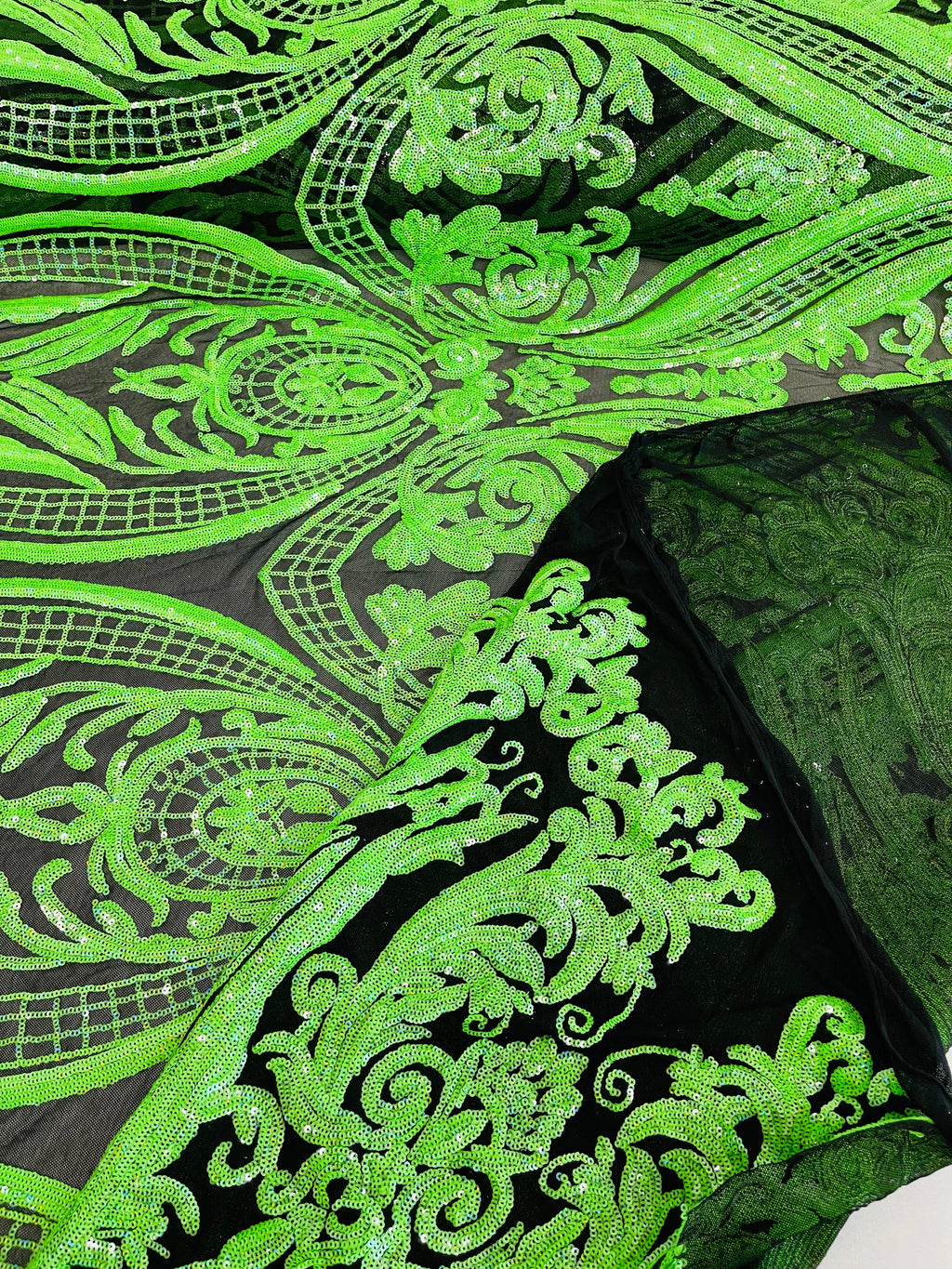 Big Damask Sequins Fabric - Neon Green / Black - 4 Way Stretch Damask Sequins Design Fabric By Yard