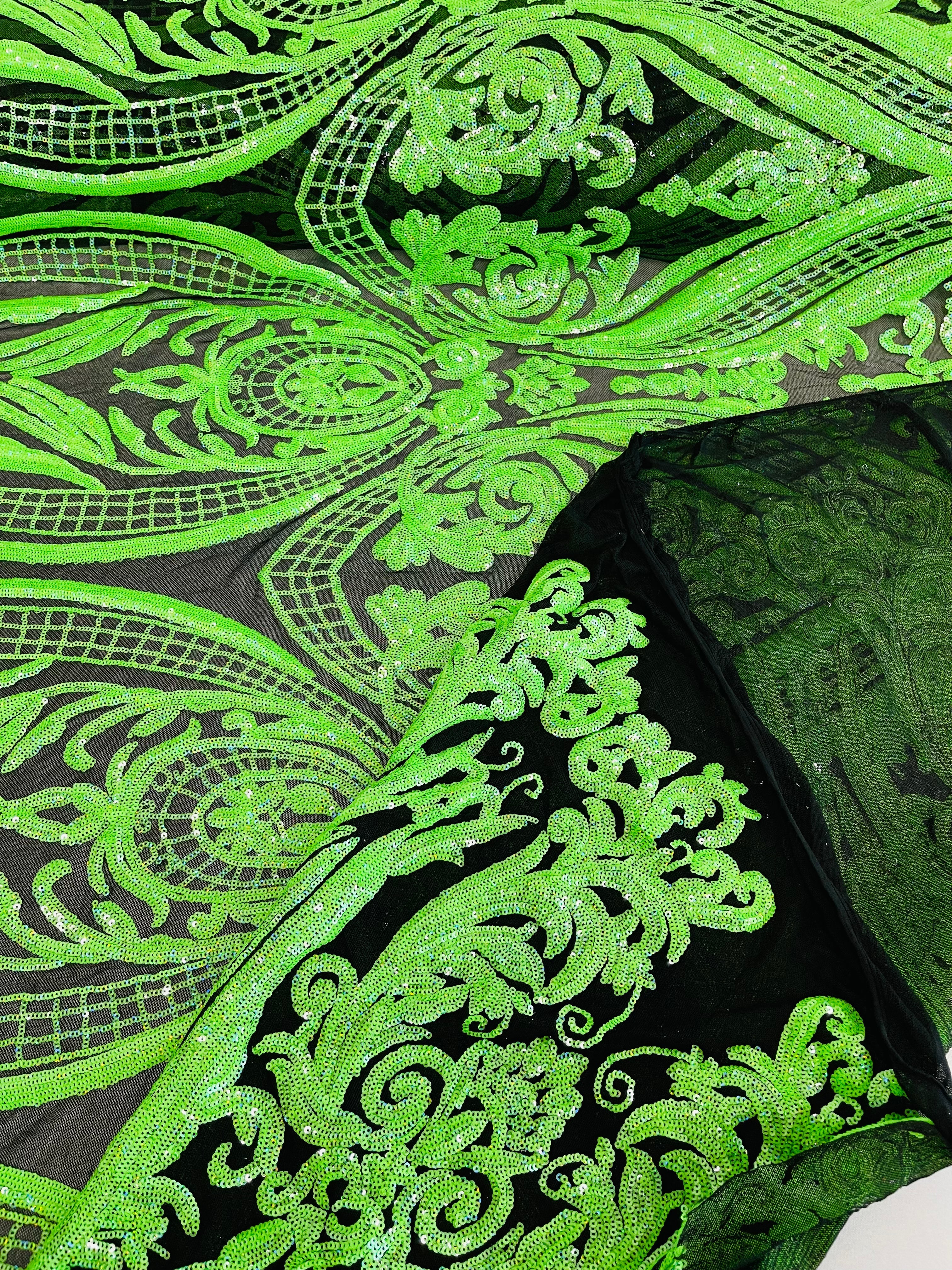 Big Damask Sequins Fabric - Neon Green / Black - 4 Way Stretch Damask Sequins Design Fabric By Yard