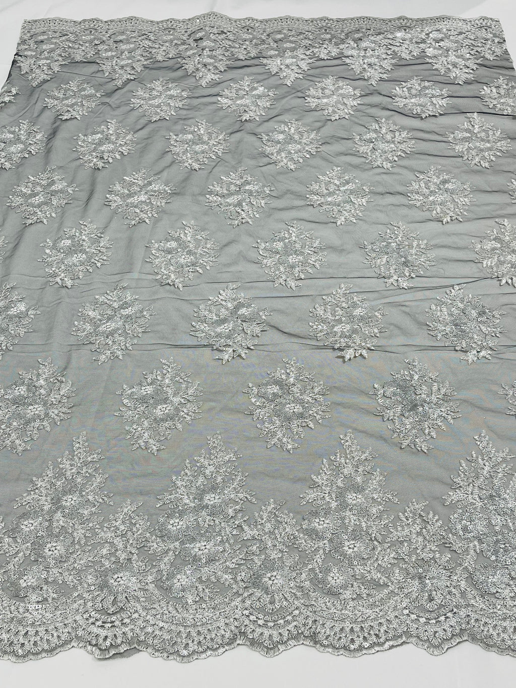 Floral Lace Fabric - Silver on Black Mesh - Flower Cluster Embroidery Design With Sequins on a Mesh