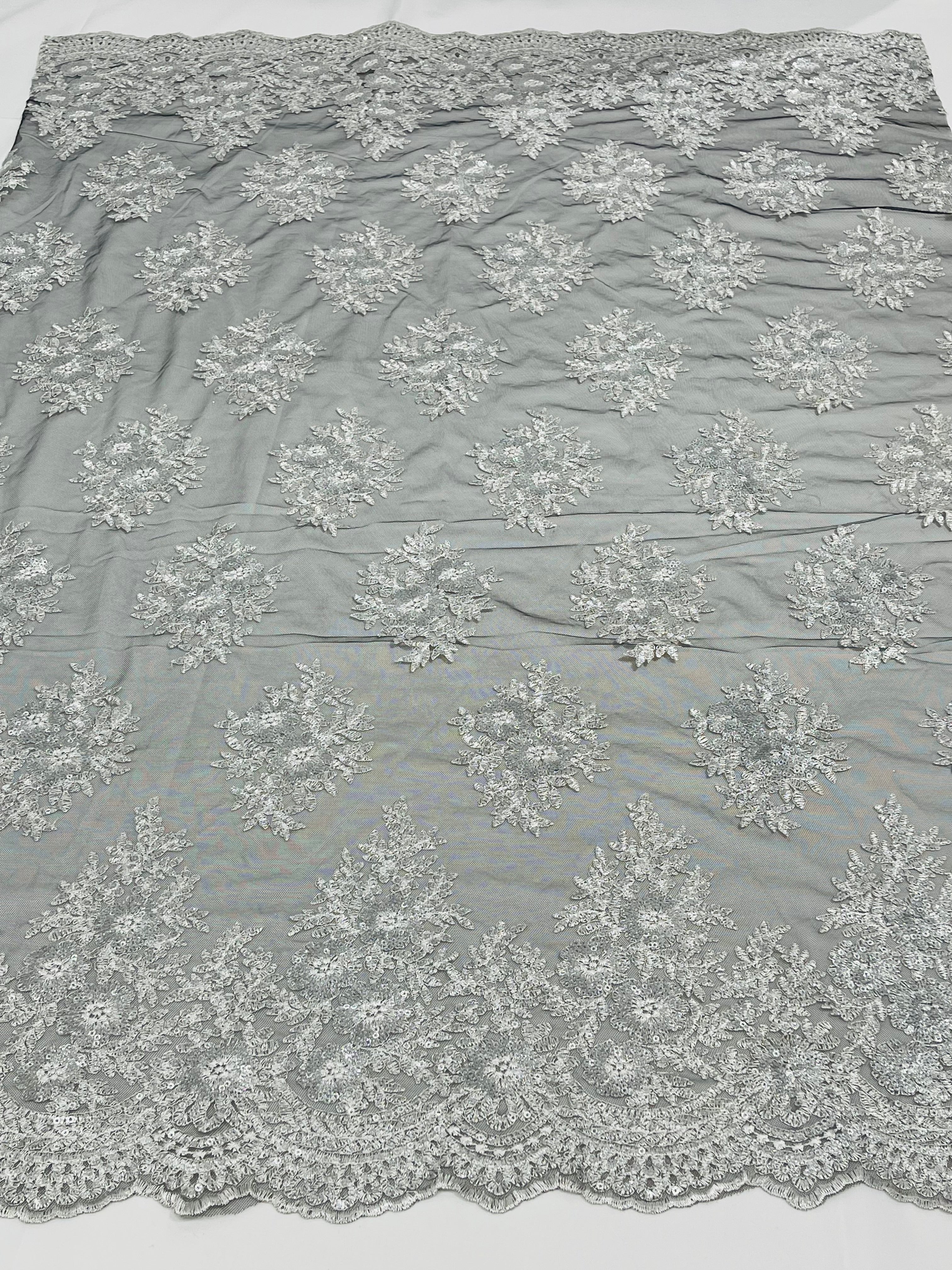 Floral Lace Fabric - Silver on Black Mesh - Flower Cluster Embroidery Design With Sequins on a Mesh