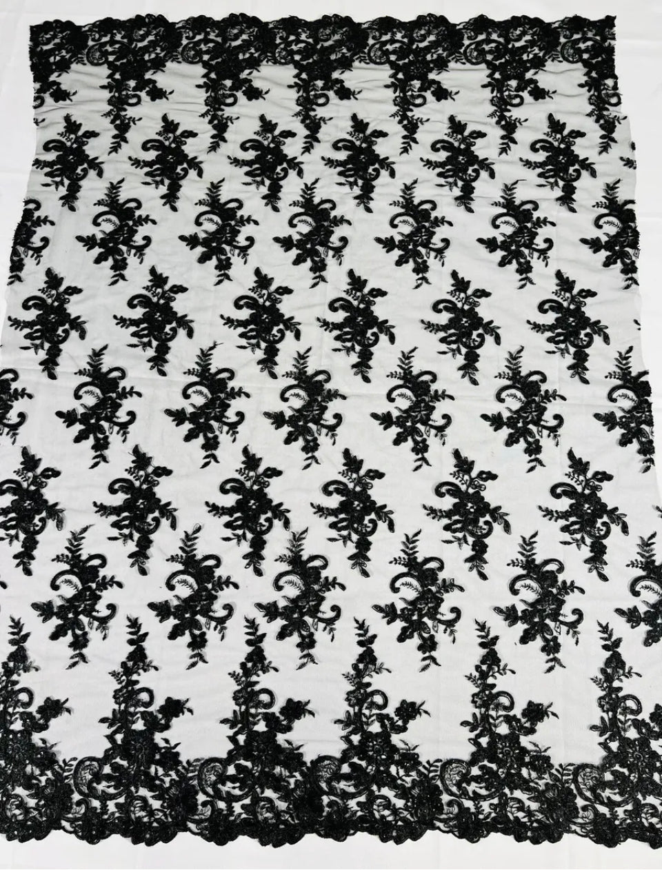 Lace Flower Cluster Fabric - Black - Embroidered Flower With Sequins on a Mesh Lace Fabric By Yard