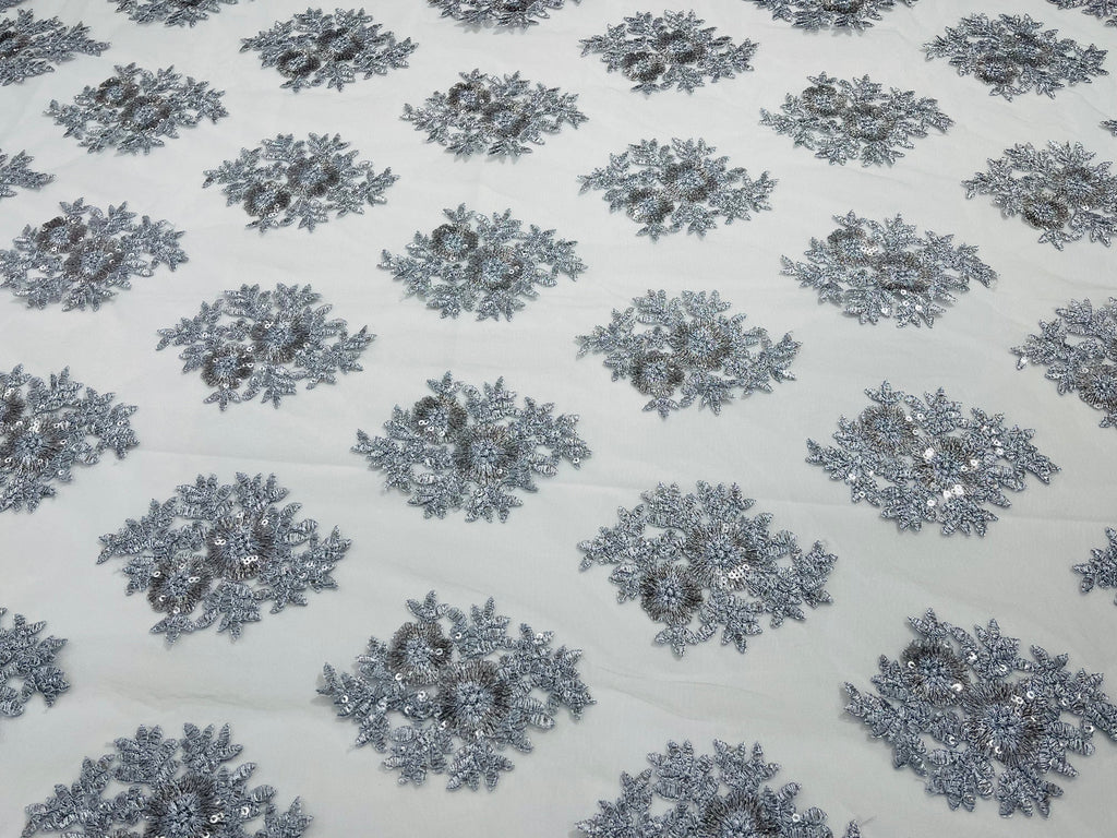 Floral Lace Fabric - Silver - Flower Cluster Embroidery Design With Sequins on a Mesh