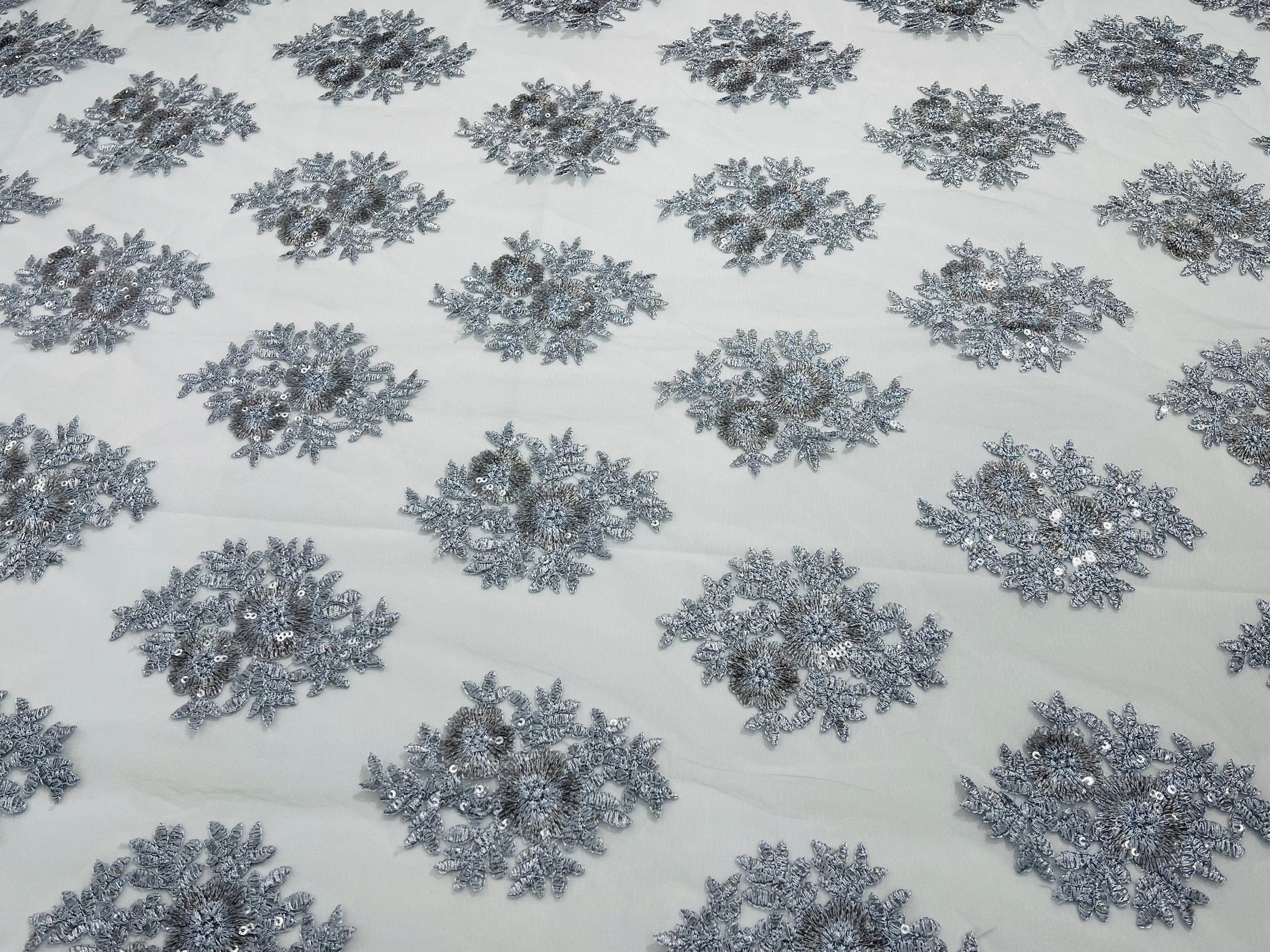 Floral Lace Fabric - Silver - Flower Cluster Embroidery Design With Sequins on a Mesh