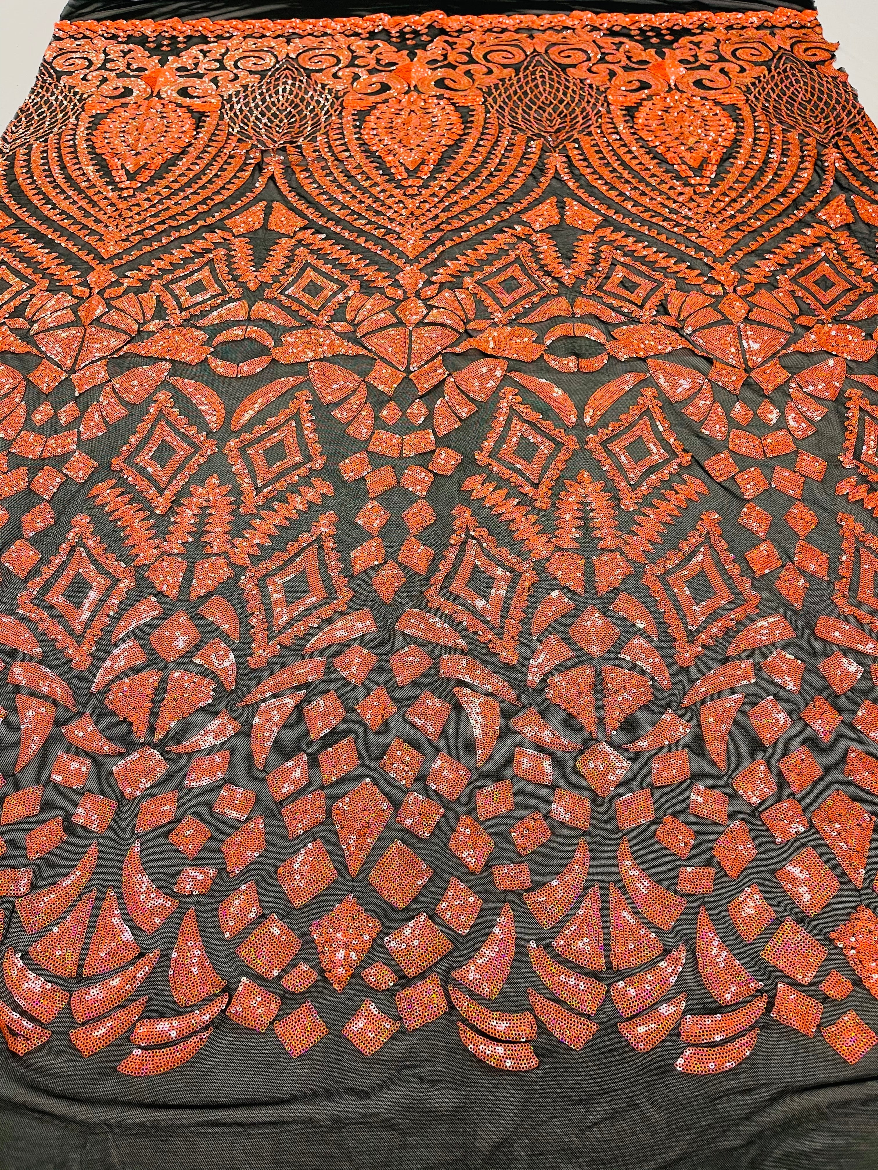 Orange Iridescent Sequins Fabric On Black Mesh 4 Way Stretch Geometric Design By The Yard
