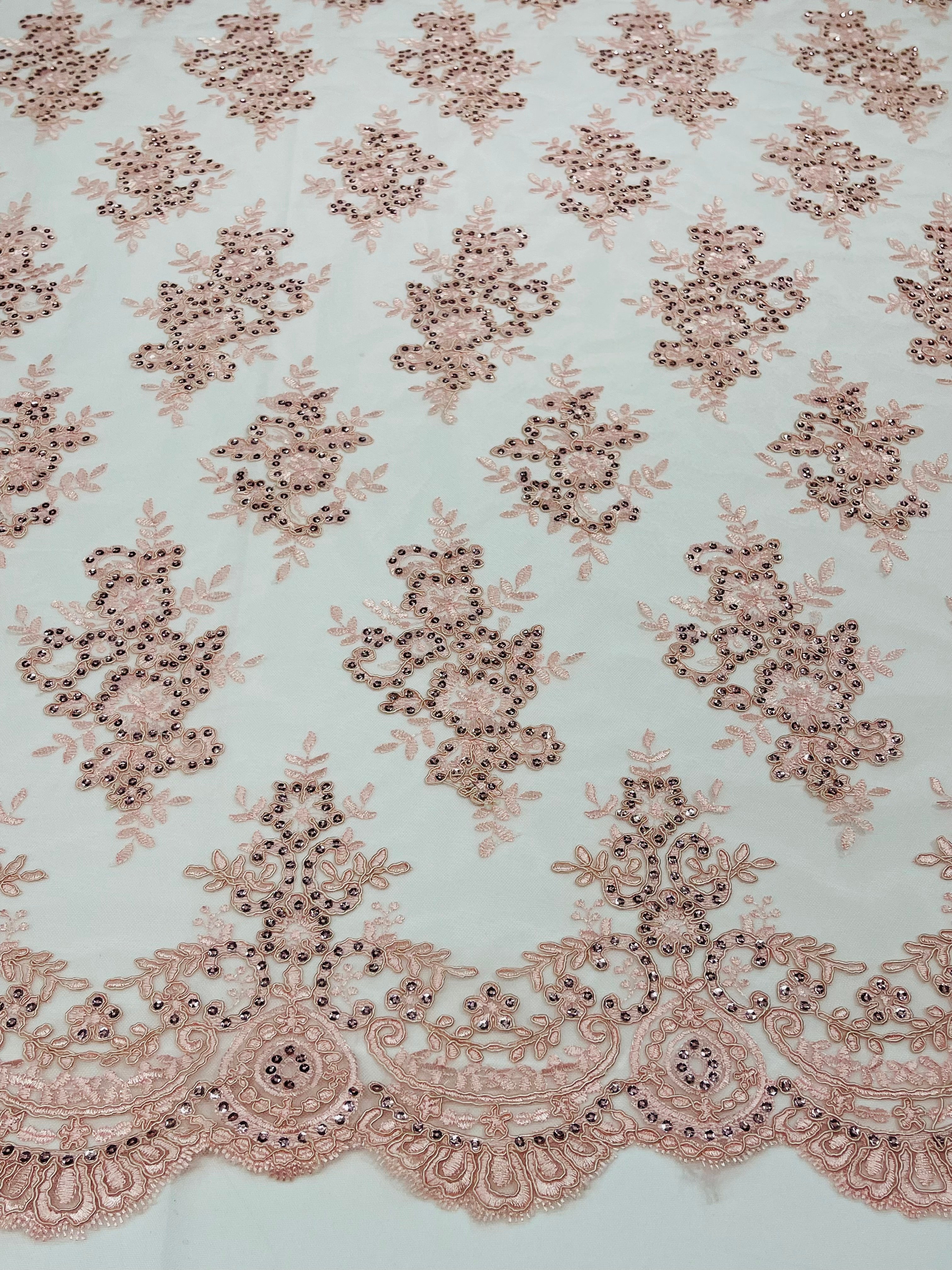 Blush Pink Floral Lace Fabric by the yard Corded Flower Embroidery Design With Sequins on a Mesh