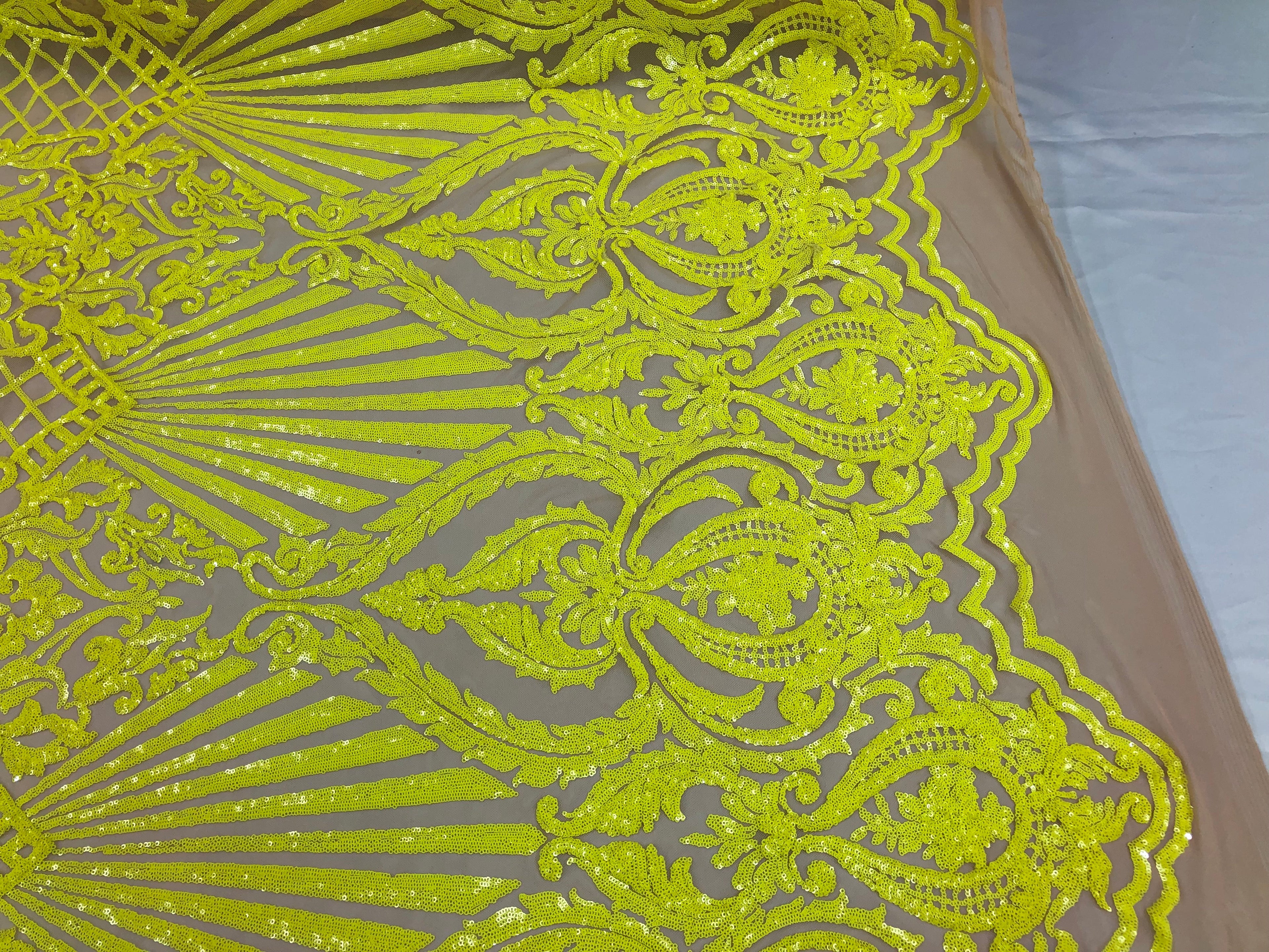 4 Way Stretch Damask Design Yellow Sequins Fabric On NUDE Mesh By Yard