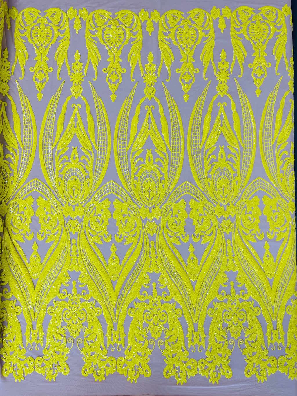 Big Damask Sequins Fabric - Yellow on Nude - 4 Way Stretch Damask Sequins Design Fabric By Yard