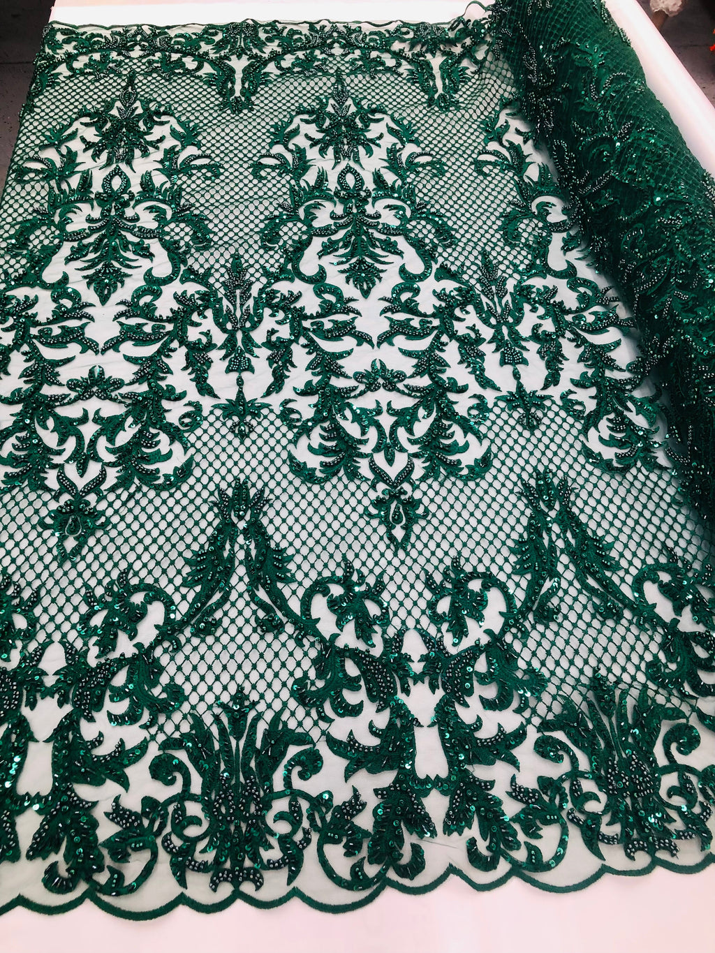 Hunter Green Beaded Fabric - Hand Embroidery Lace Bridal Floral Mesh Dress Fabric By Yard