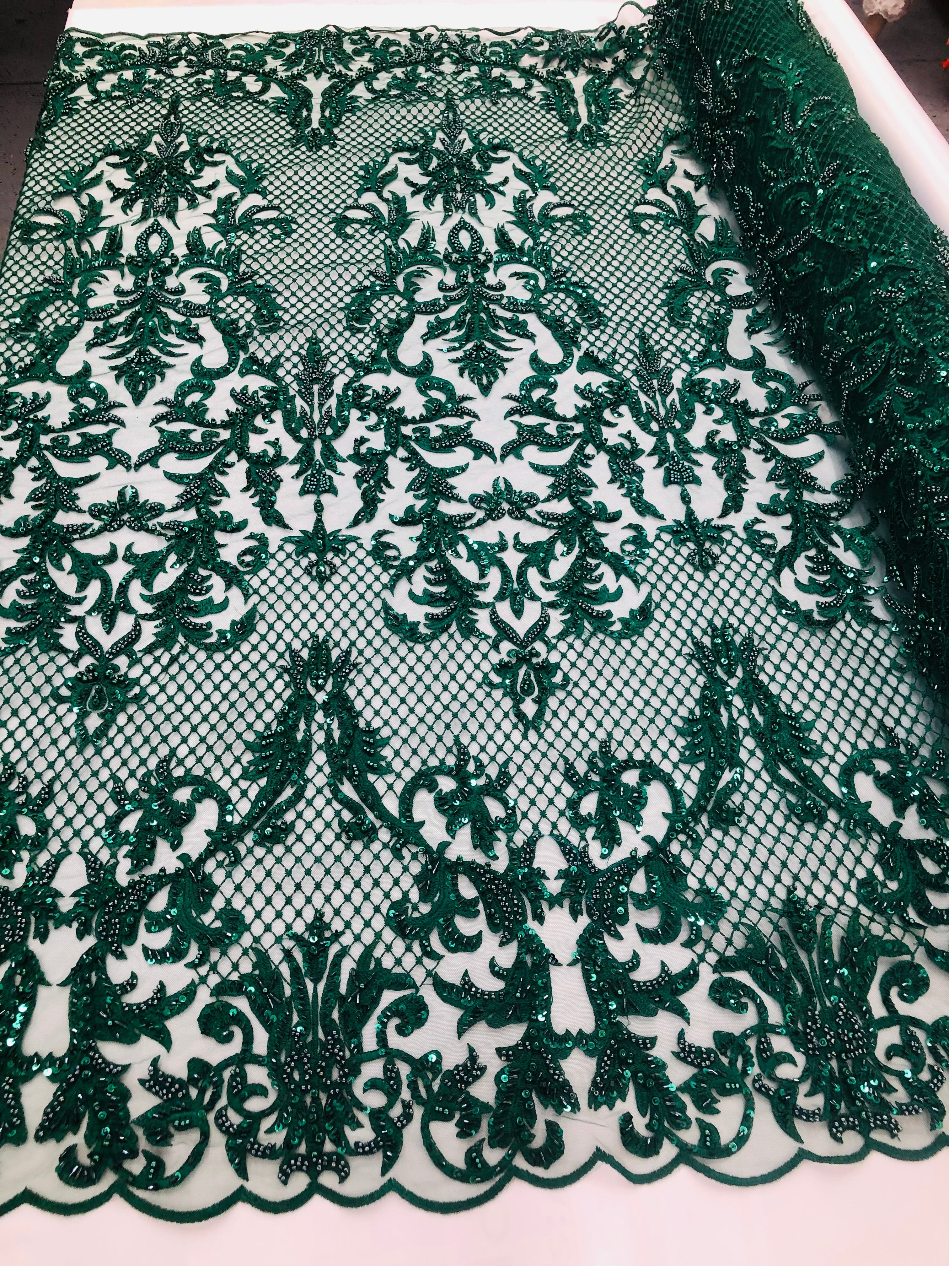 Hunter Green Beaded Fabric - Hand Embroidery Lace Bridal Floral Mesh Dress Fabric By Yard