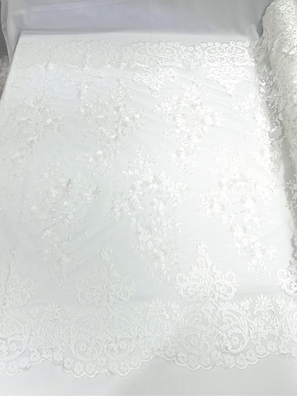Damask Lace - White - Floral Damask Design Embroidered on Mesh Lace Fabric