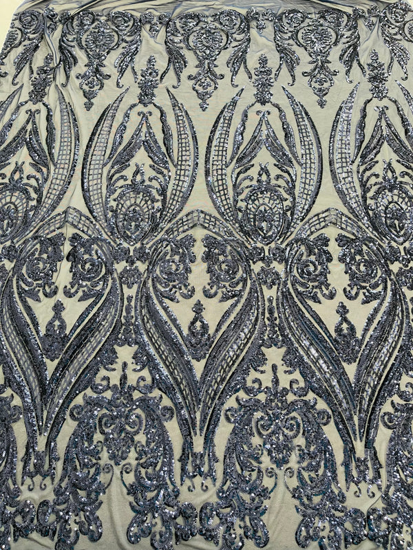 Big Damask Sequins Fabric - Navy Blue - 4 Way Stretch Damask Sequins Design Fabric By Yard
