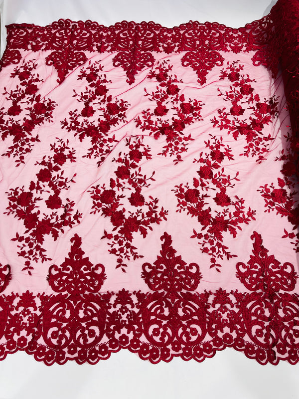 Damask Lace - Burgundy - Floral Damask Design Embroidered on Mesh Lace Fabric