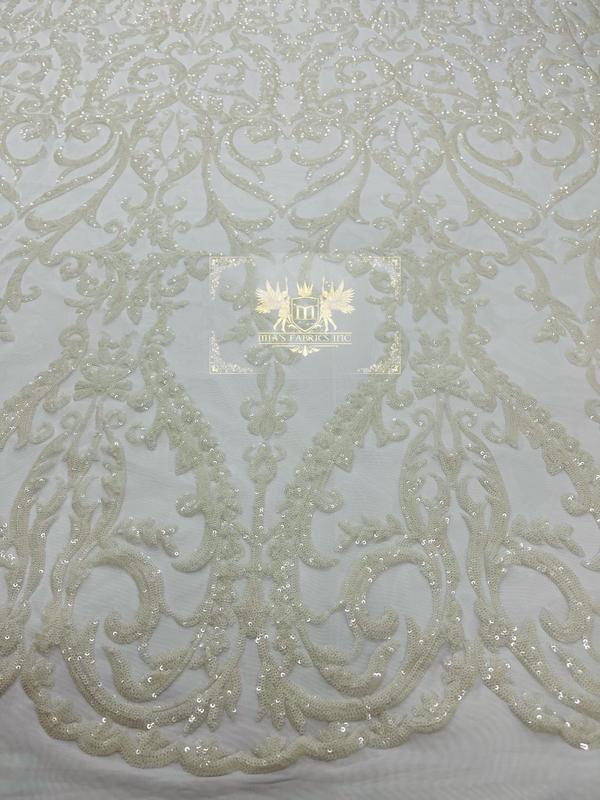 Damask Fabric - White - Embroidered Sequin Fabric On 4 Way Stretch Mesh Fabric By The Yard