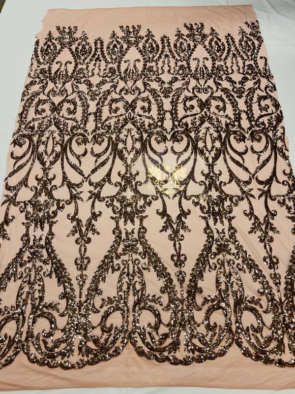 Damask Fabric - Dusty Rose - Embroidered Sequin Fabric On 4 Way Stretch Mesh Fabric By The Yard