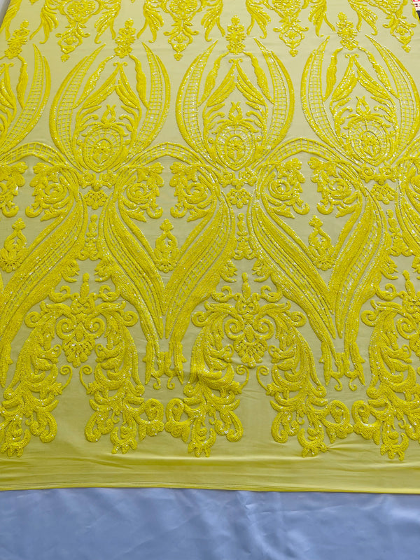 Big Damask Sequins Fabric - Yellow - 4 Way Stretch Damask Sequins Design Fabric By Yard