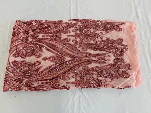 Big Damask Sequins Fabric - Pink - 4 Way Stretch Damask Sequins Design Fabric By Yard