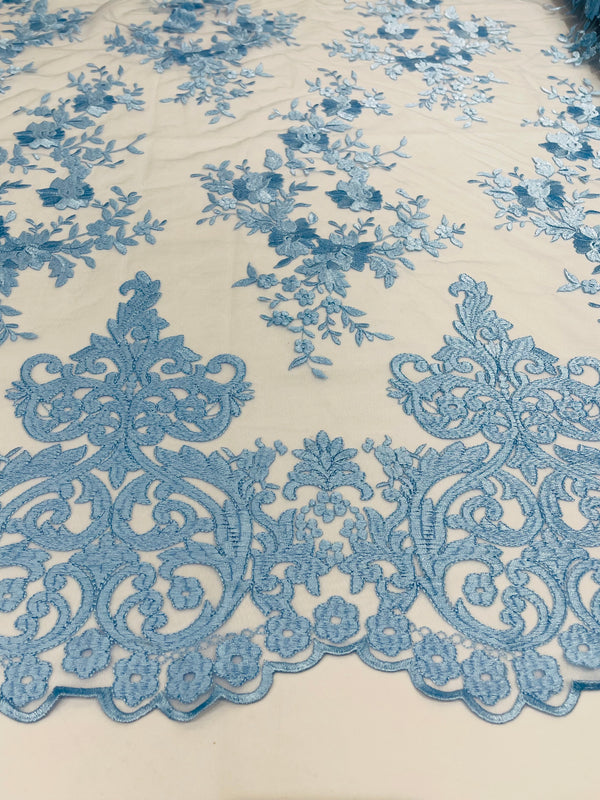 Damask Lace - Baby Blue - Floral Damask Design Embroidered on Mesh Lace Fabric