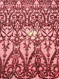 Damask Fabric - Matte Burgundy - Embroidered Sequin Fabric On 4 Way Stretch Mesh Fabric By The Yard