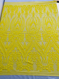 Big Damask Sequins Fabric - Yellow - 4 Way Stretch Damask Sequins Design Fabric By Yard