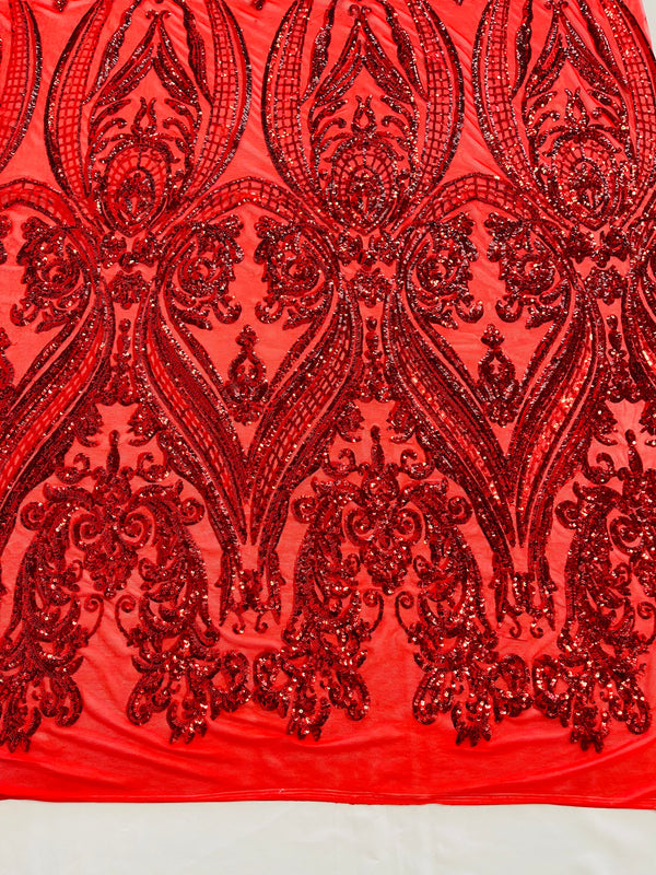 Big Damask Sequins Fabric - Red - 4 Way Stretch Damask Sequins Design Fabric By Yard