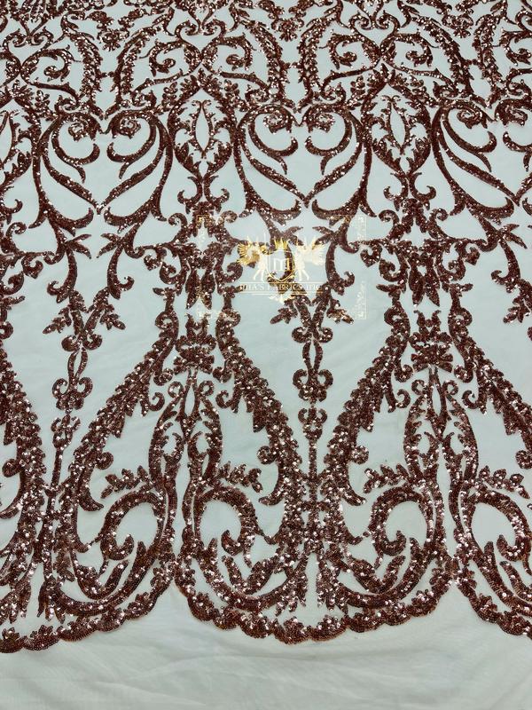 Damask Fabric - Blush - Embroidered Sequin Fabric On 4 Way Stretch Mesh Fabric By The Yard