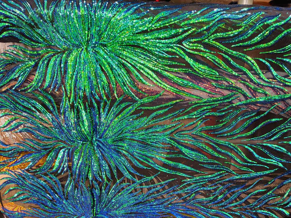 Iridescent Fabric - Mermaid Green - Wing Line Design 4 Way Stretch Mesh Lace Fabric By Yard