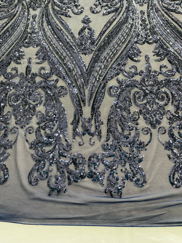Big Damask Sequins Fabric - Navy Blue - 4 Way Stretch Damask Sequins Design Fabric By Yard