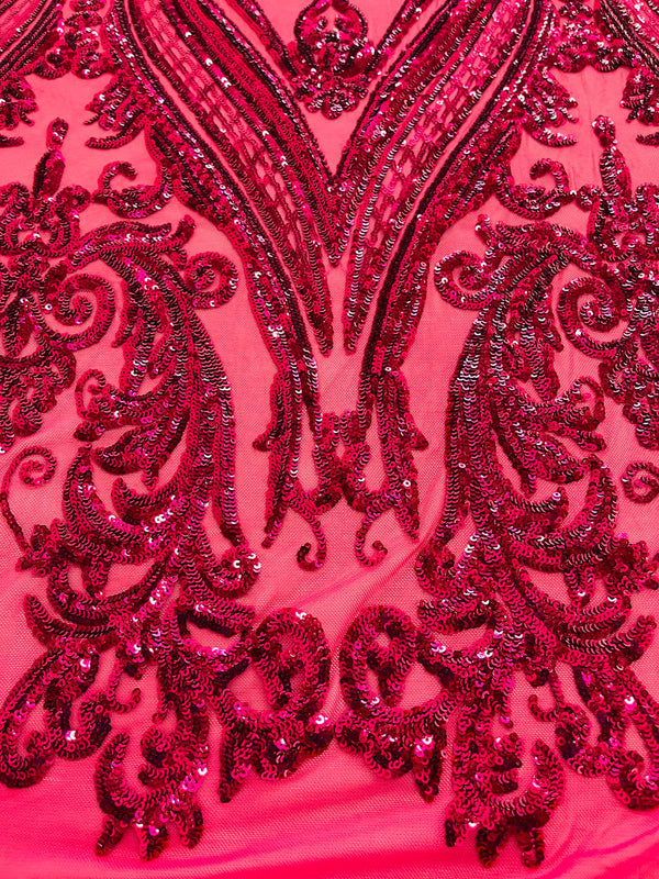 Big Damask Sequins Fabric - Fuchsia - 4 Way Stretch Damask Sequins Design Fabric By Yard