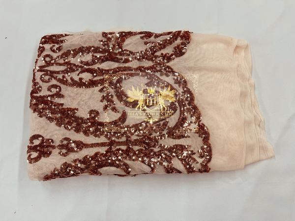 Damask Fabric - Blush - Embroidered Sequin Fabric On 4 Way Stretch Mesh Fabric By The Yard
